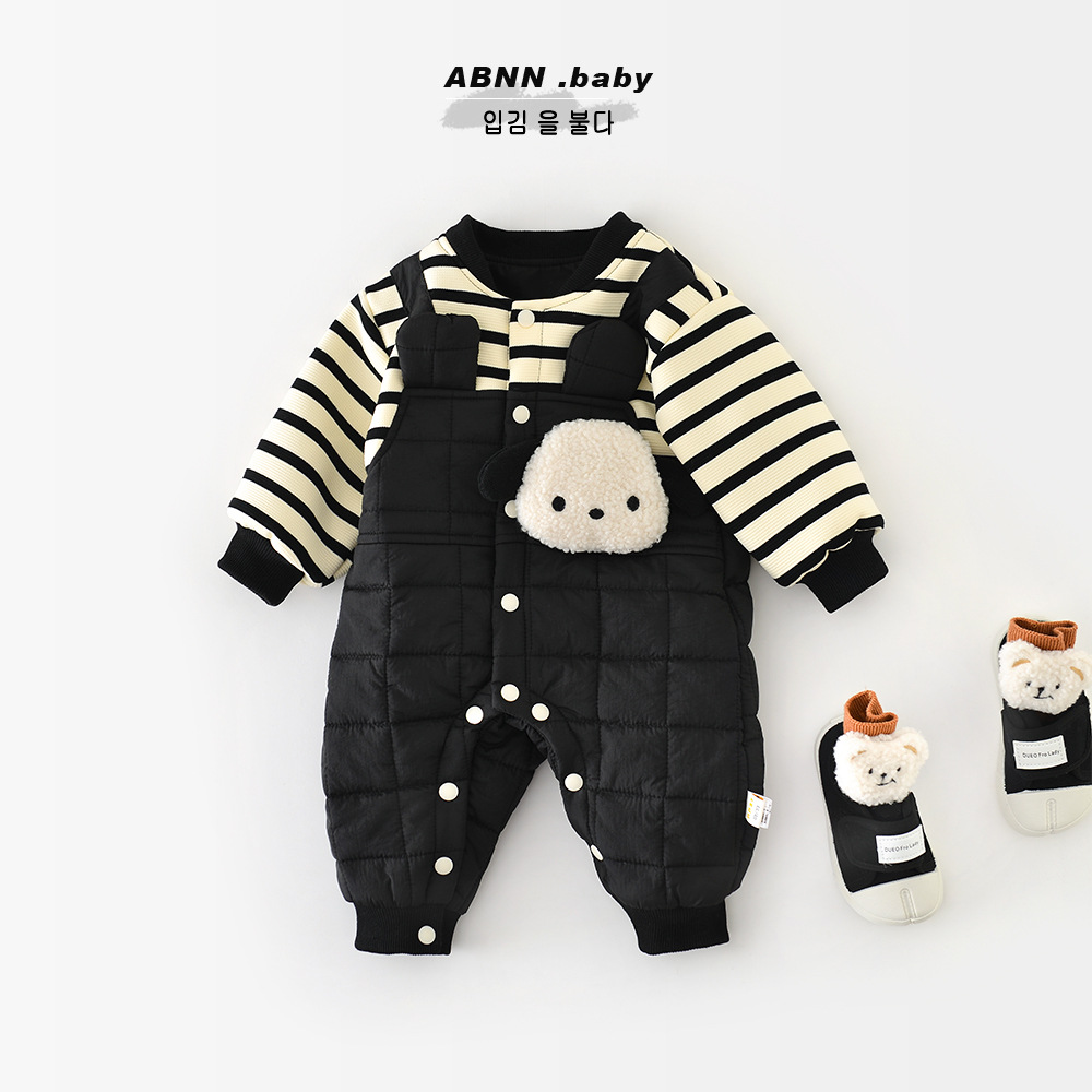 abnn婴儿保暖连体衣冬季宝宝条纹拼接加绒爬服儿童加厚绗棉抱衣