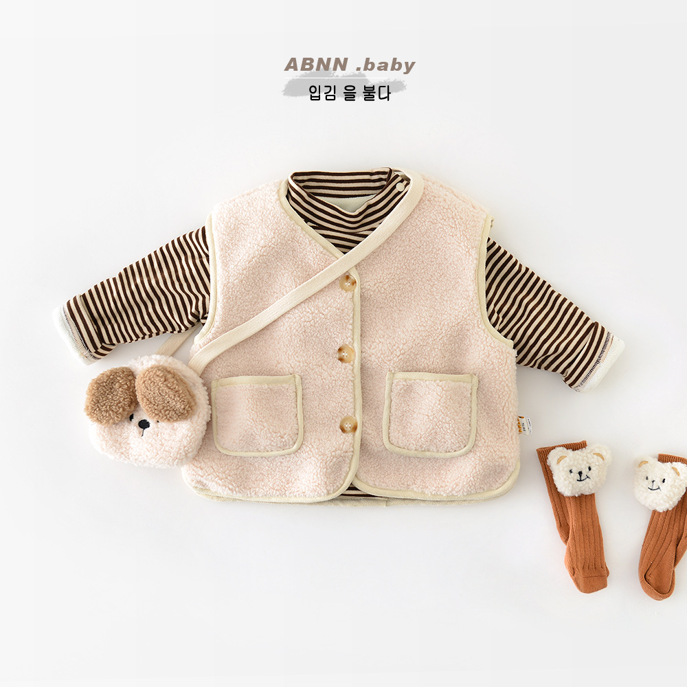abnn宝宝马甲+包包秋冬新款男女童卡通加厚毛毛坎肩儿童外穿背心