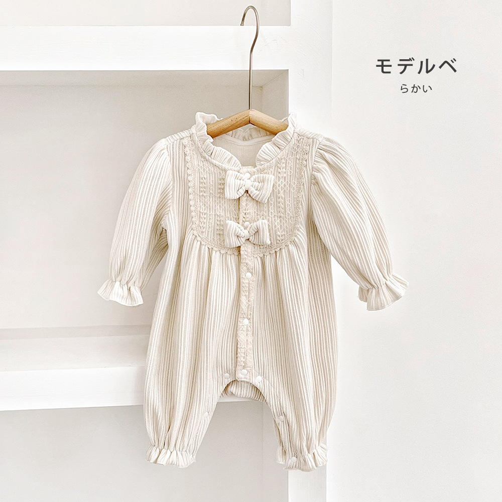 abnn春秋季新款婴幼儿米白蝴蝶结爬服宝宝衣服休闲连体衣外穿女宝