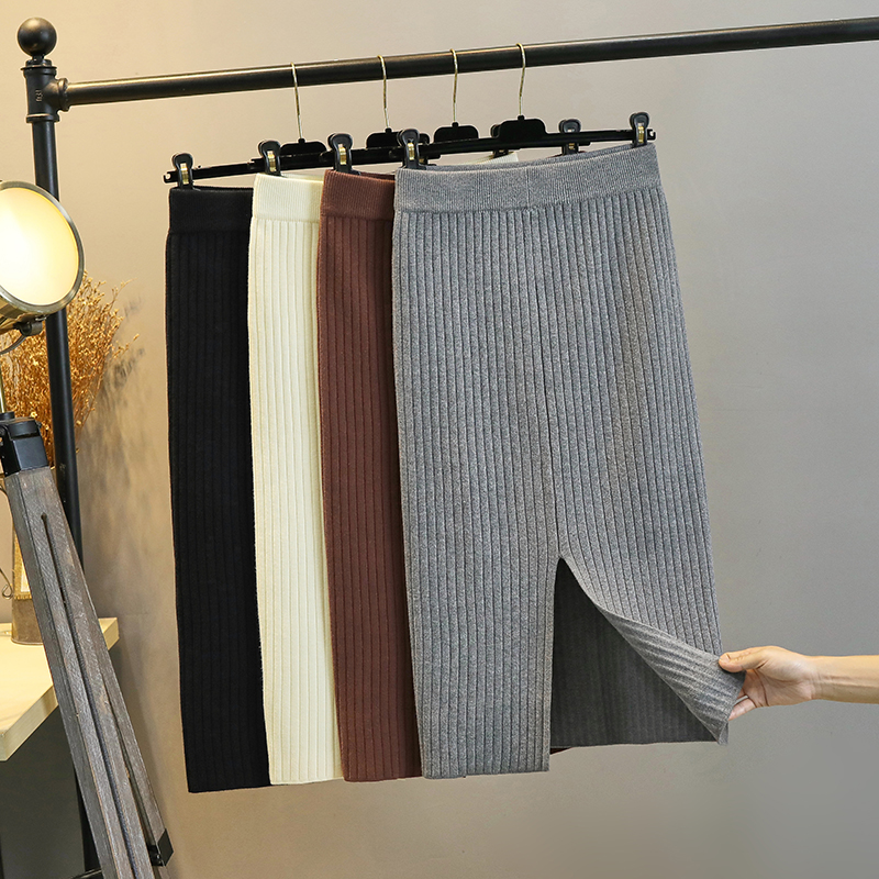 针织半身裙秋冬女中长款包臀开叉一步裙高腰毛线宽松加厚直筒裙子