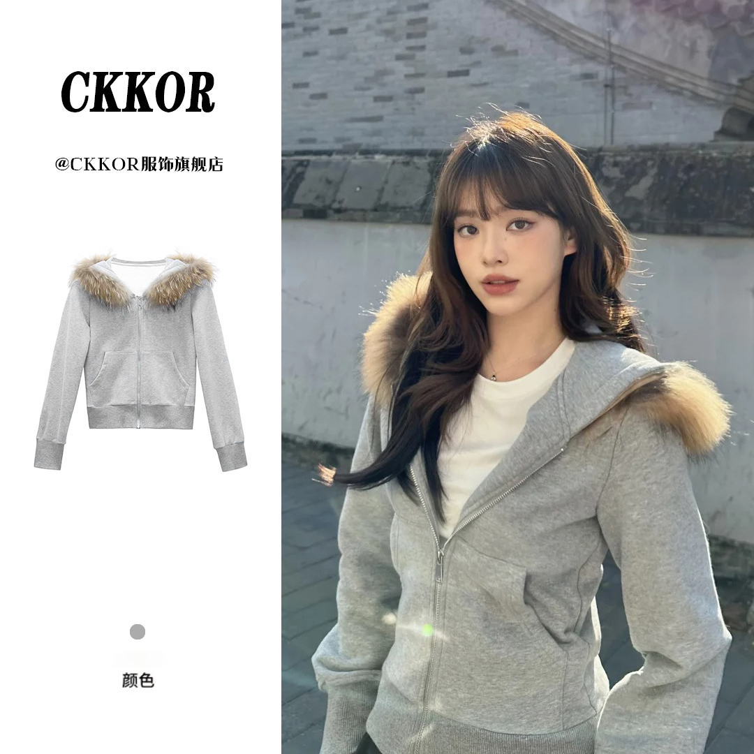 CKKOR女款爆款时尚修身毛领棉服女春秋外套加绒防寒保暖短款上衣 