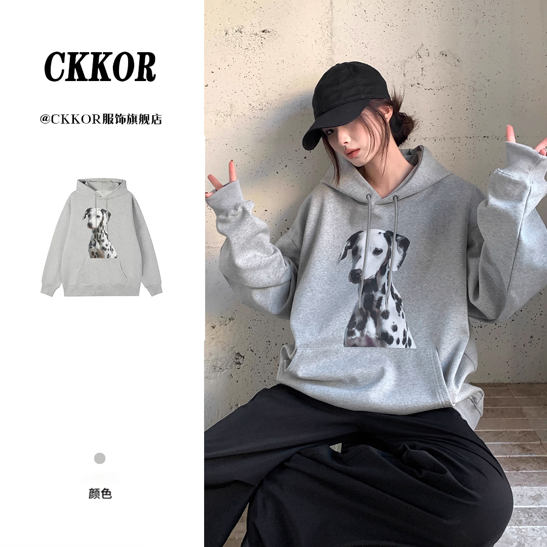CKKOR美式时尚斑点狗印花连帽卫衣女春秋季宽松慵懒风ins显瘦上衣
