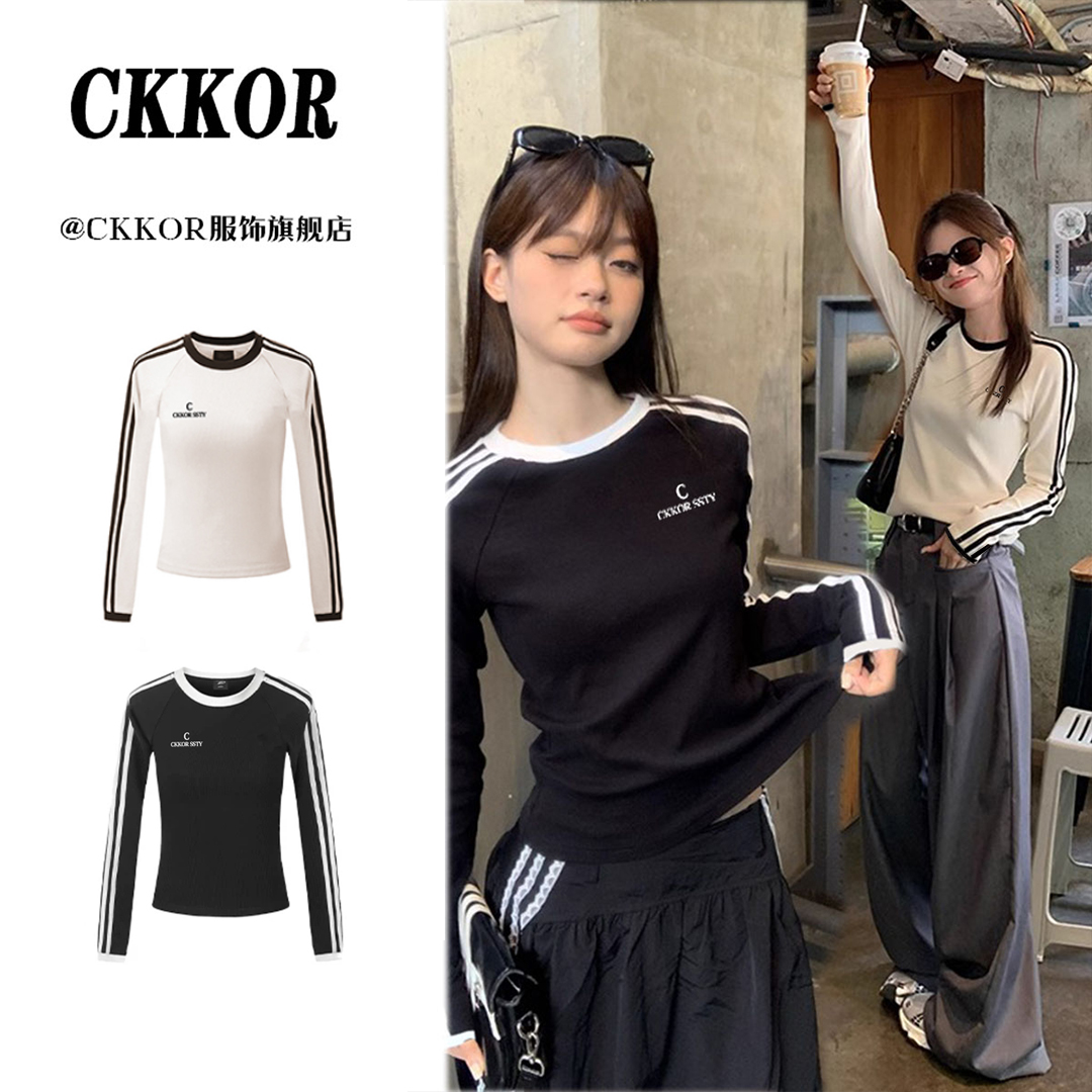 CKKOR秋季新款修身显瘦条纹长袖t恤女美式时尚印花辣妹风圆领上衣
