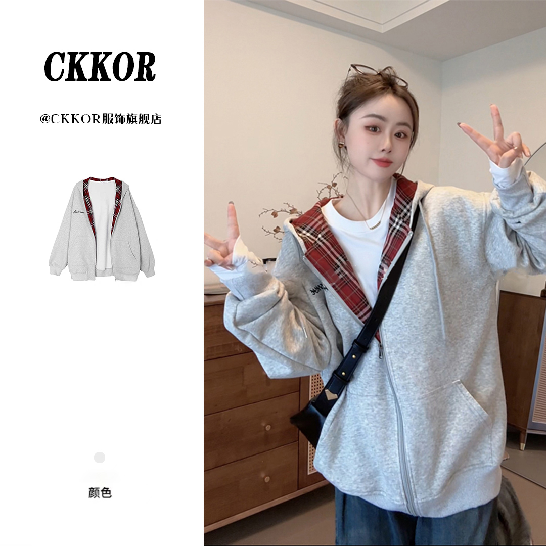 CKKOR春秋季时尚韩版ins慵懒风遮屁股卫衣女大码连帽上衣开衫外套