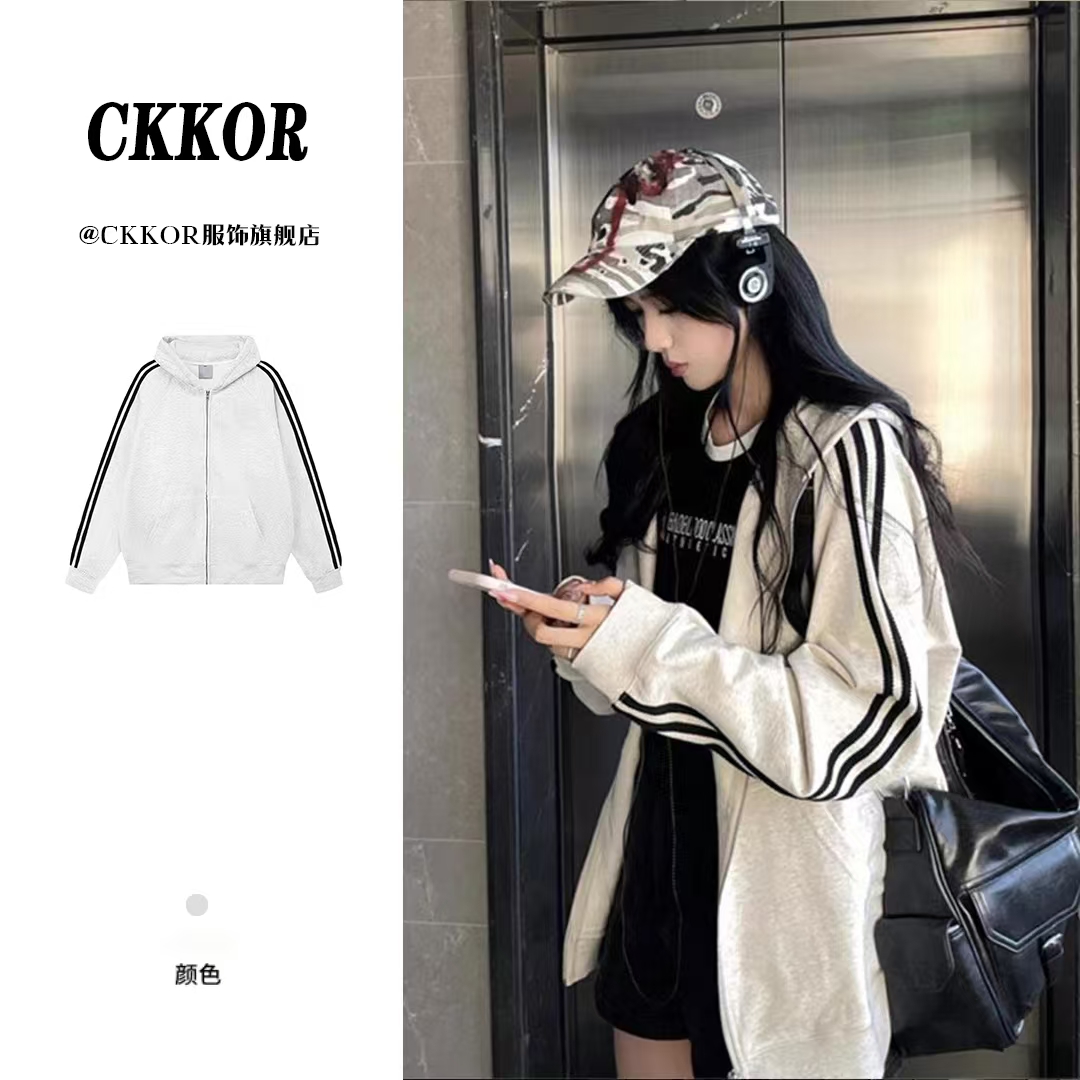 CKKOR美式三条杠运动风上衣外套ins潮牌设计感秋冬款连帽衫卫衣女