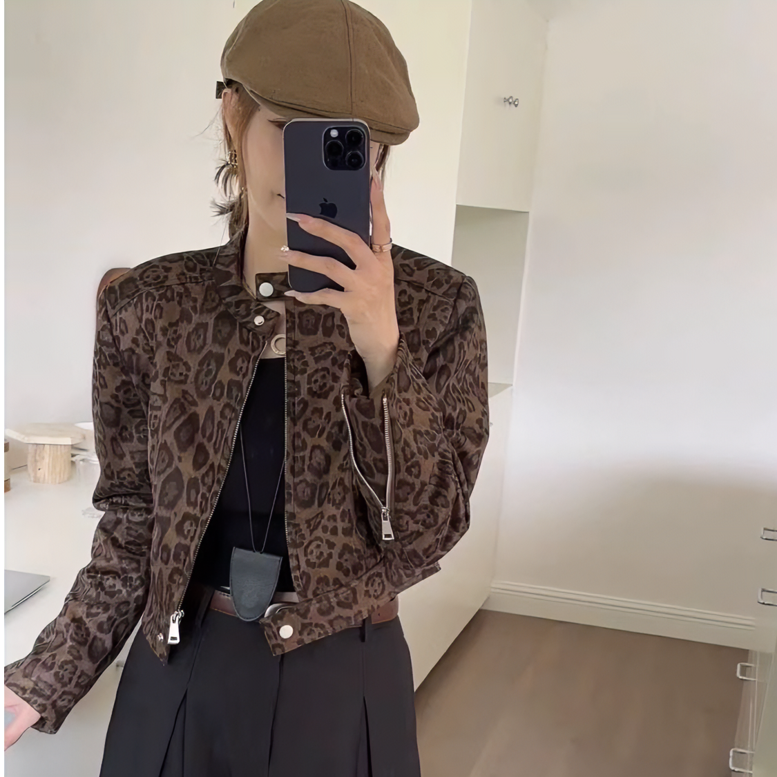 欧货豹纹短款外套女2024秋季新款复古宽松廓形夹克气质感小众上衣