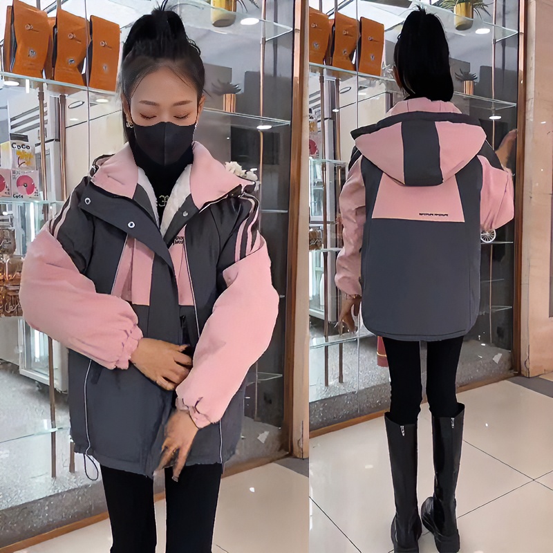 撞色连帽加绒加厚冲锋衣外套女冬季新款韩版宽松百搭派克服棉服潮
