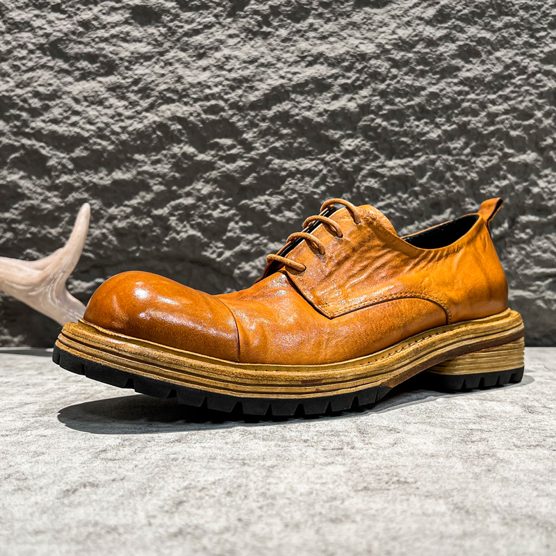 水洗马皮德比鞋男高级感2025新款百搭厚底固特异手工复古大头皮鞋