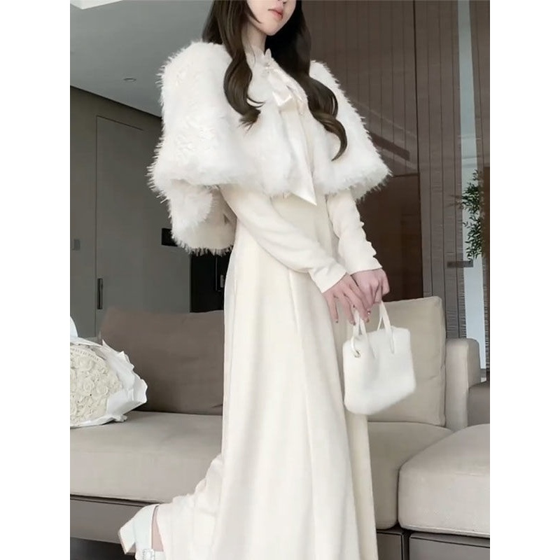 套装女2023冬季新款高级感小香风披肩外套+收腰显瘦连衣裙两件套
