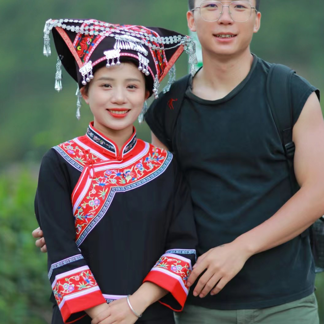 壮族布依族土布红花边新娘装直筒套装 女
