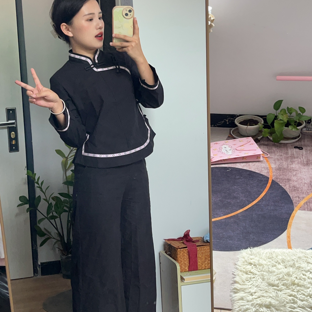 壮族土布黑色传统阔腿裤套装 女 包邮