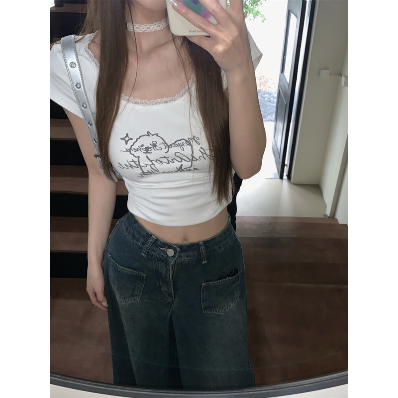 白色蕾丝花边韩系短袖T恤显瘦女甜辣妹卡通印花纯欲性感短款上衣