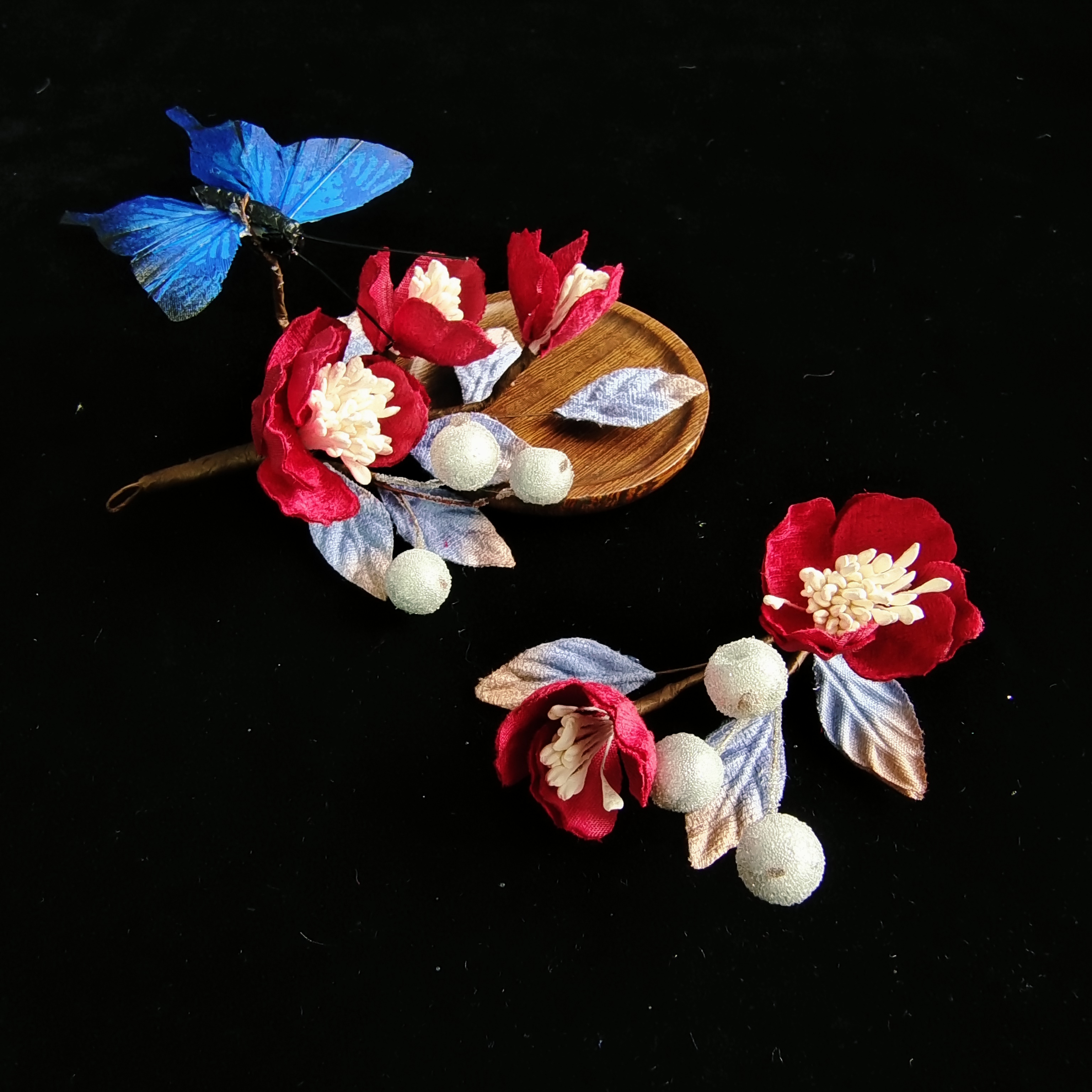 《雪蝶凝香》HF925汉服古风丝绒花红蓝撞色套装古典民族风纯手工