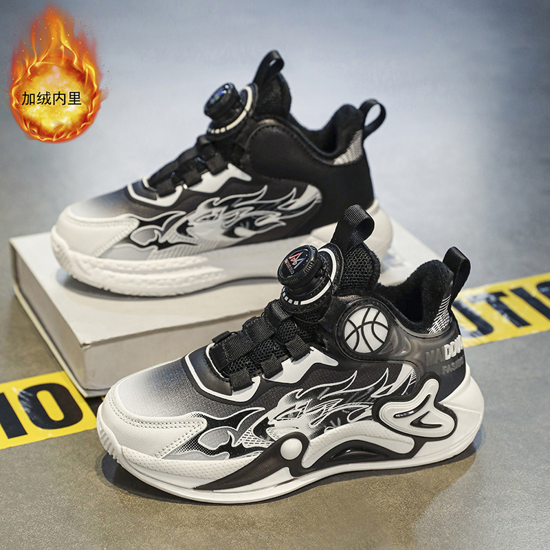 冬季男童棉鞋加绒保暖旋转纽扣儿童篮球鞋皮面中大童跑步运动鞋子