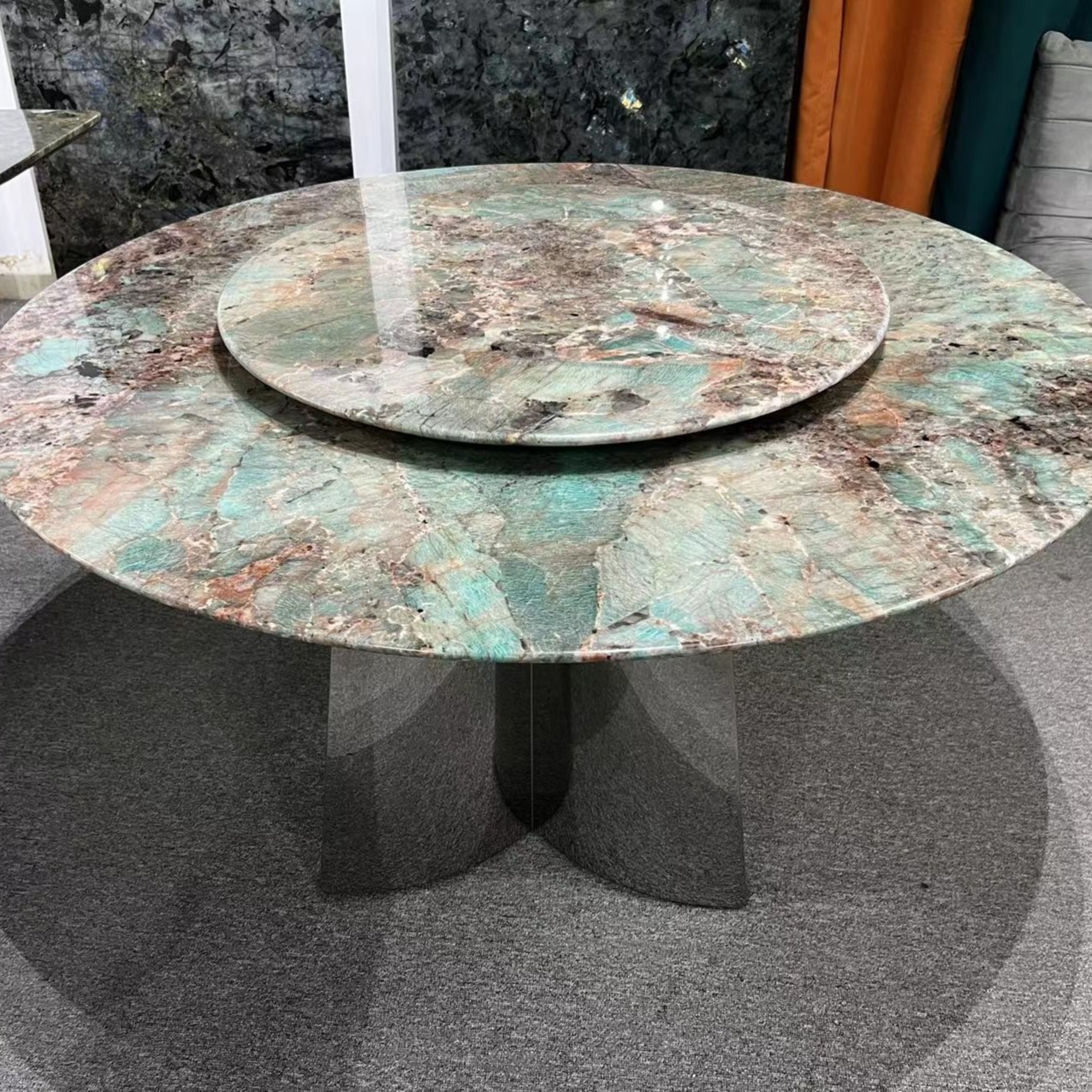 巴西进口亚马逊绿奢石餐桌椅组合别墅天然大理石圆形餐桌