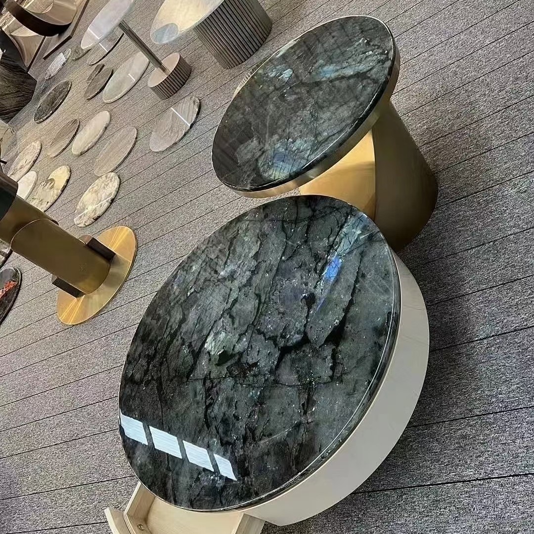 进口蓝翡翠奢石茶几 雪山飞狐天然大理石圆形组合茶几