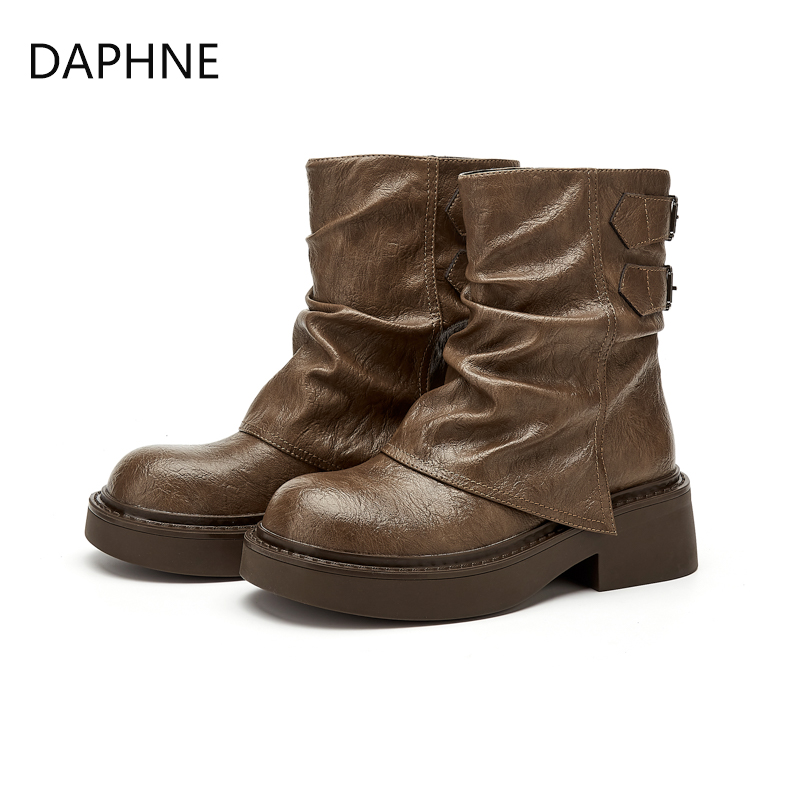  达芙妮加绒靴子秋季新款时尚复古百搭女鞋英伦风厚底堆堆时装靴