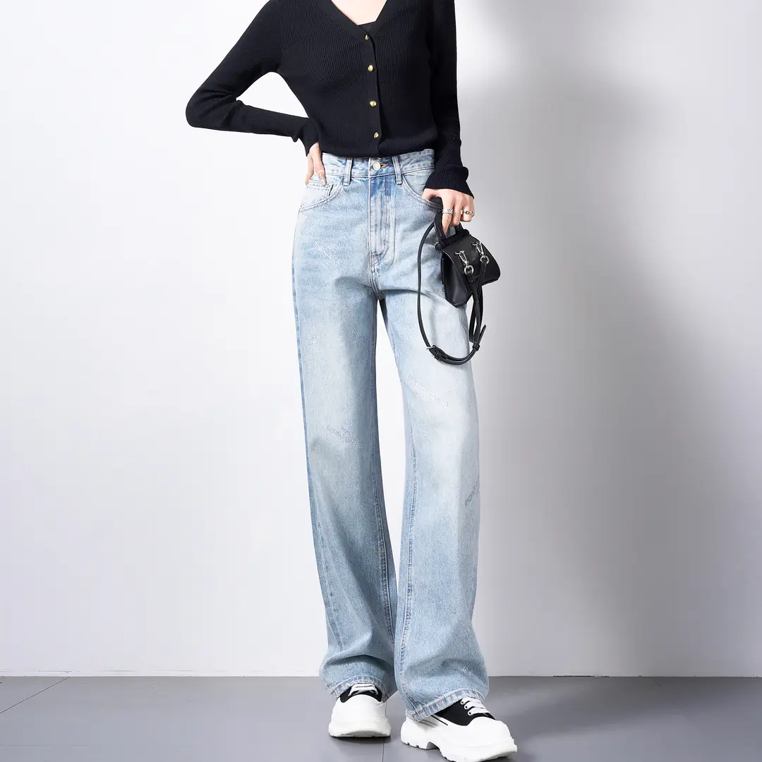 WENDY·HUANG高腰宽松直筒牛仔裤女窄版阔腿薄荷曼波时尚