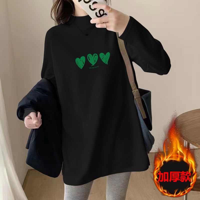 加厚半高领黑色T恤女2022秋冬中长款宽松长袖保暖上衣打底衫