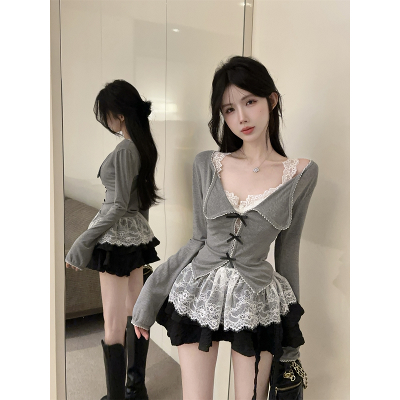 法式气质别致蝴蝶结镂空开衫纯欲蕾丝衫上衣吊带背心时尚包臀裙