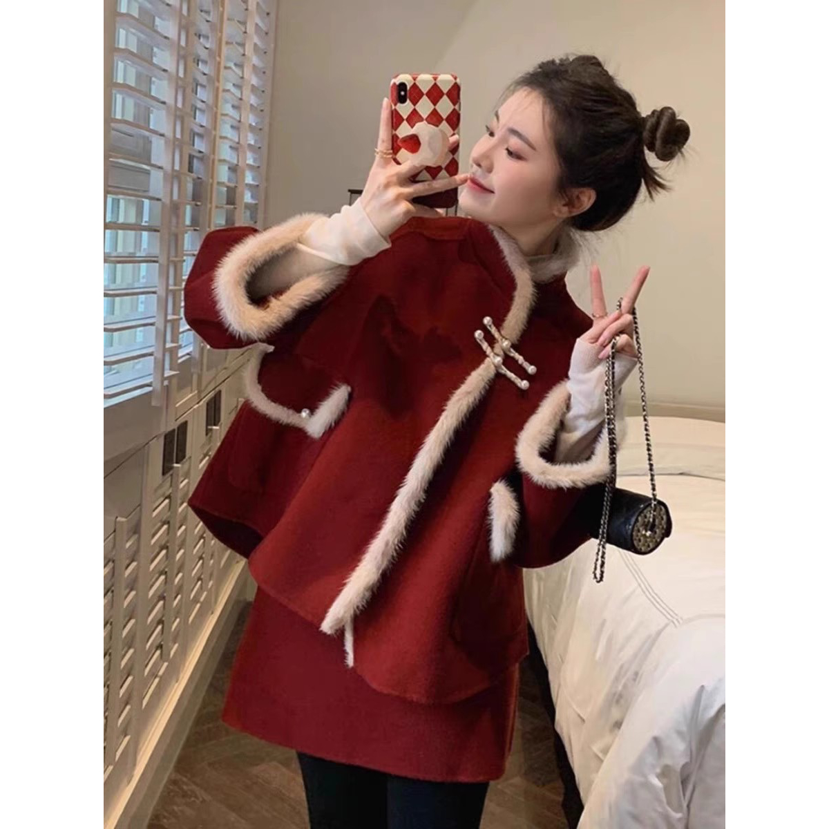 大码女装春季新年战袍红色小香风毛呢短外套显瘦半身裙