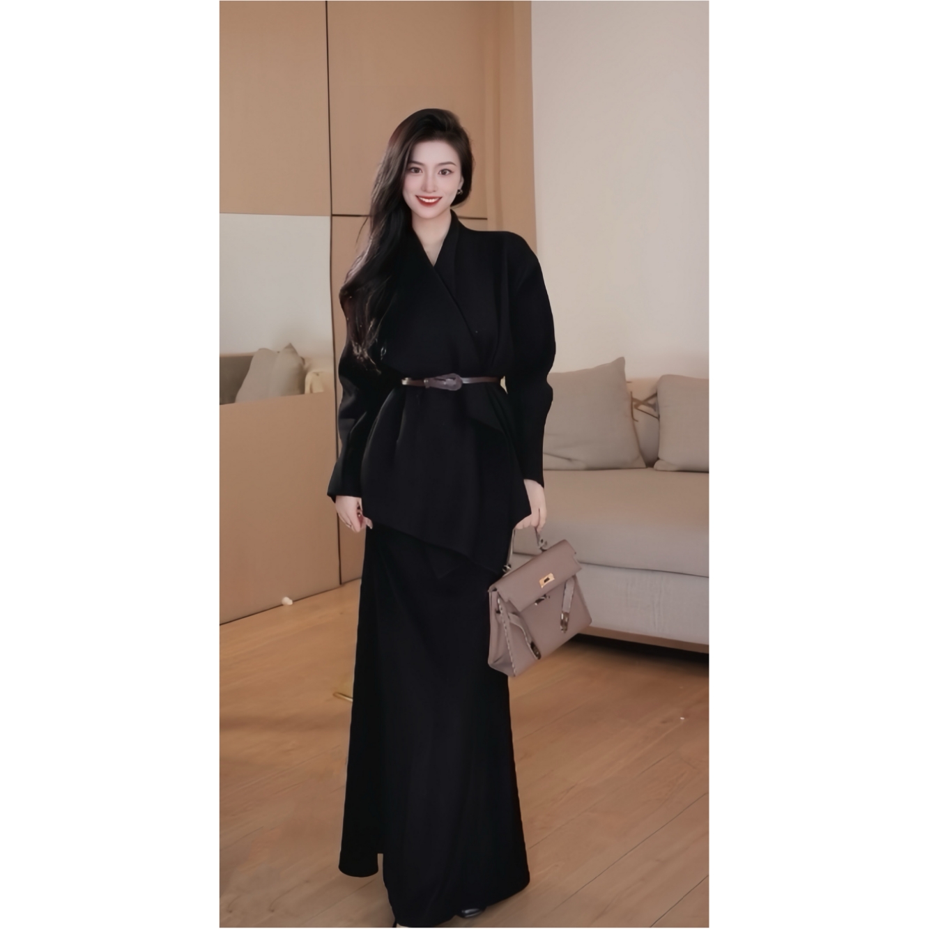 现货木木家  赫本风法式气质翻领外套+高腰显瘦半身裙H1327+H1328