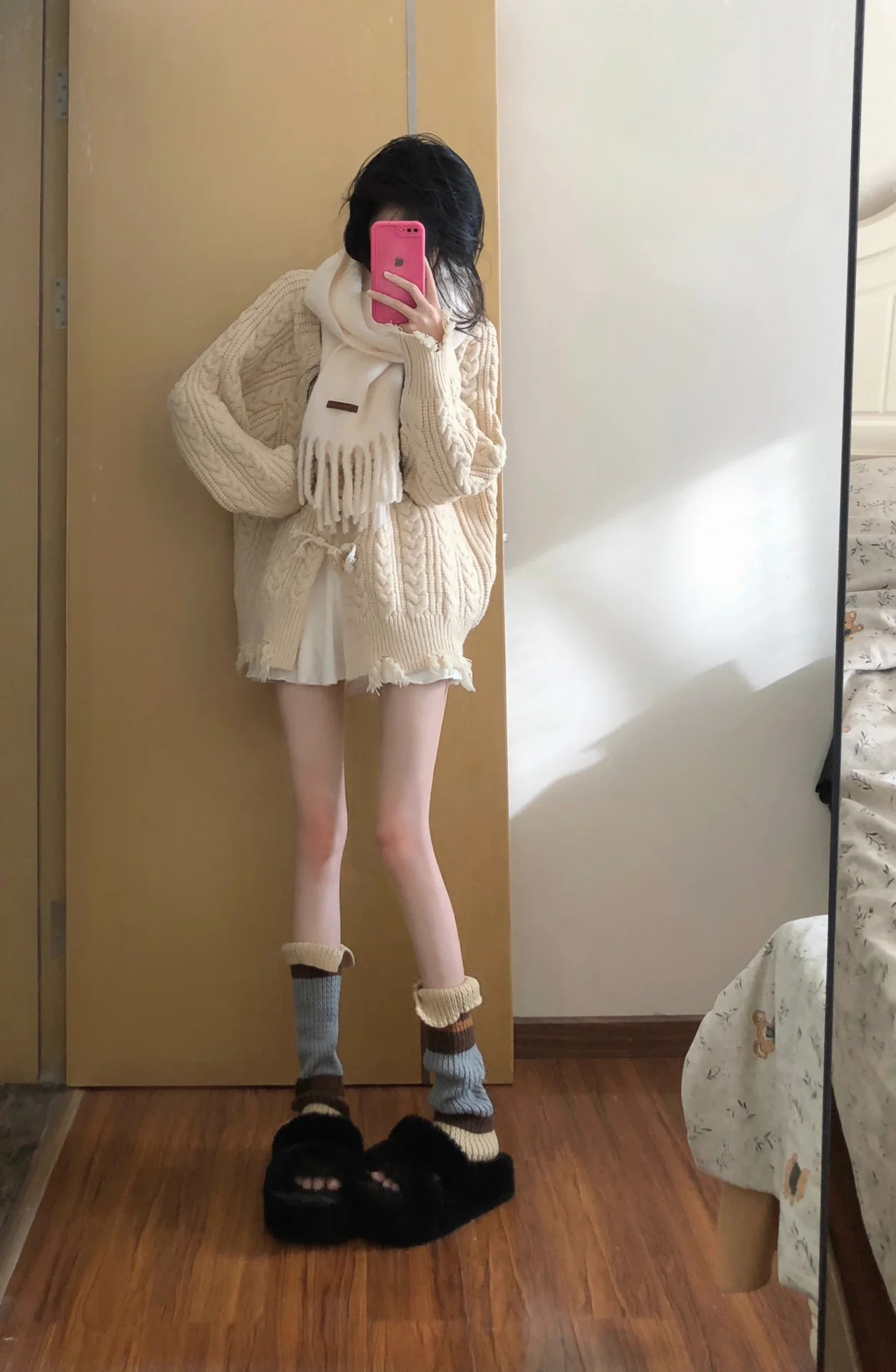 九亿~小众设计感方块扣破坏感毛边气质中长款针织开衫上衣厚外套