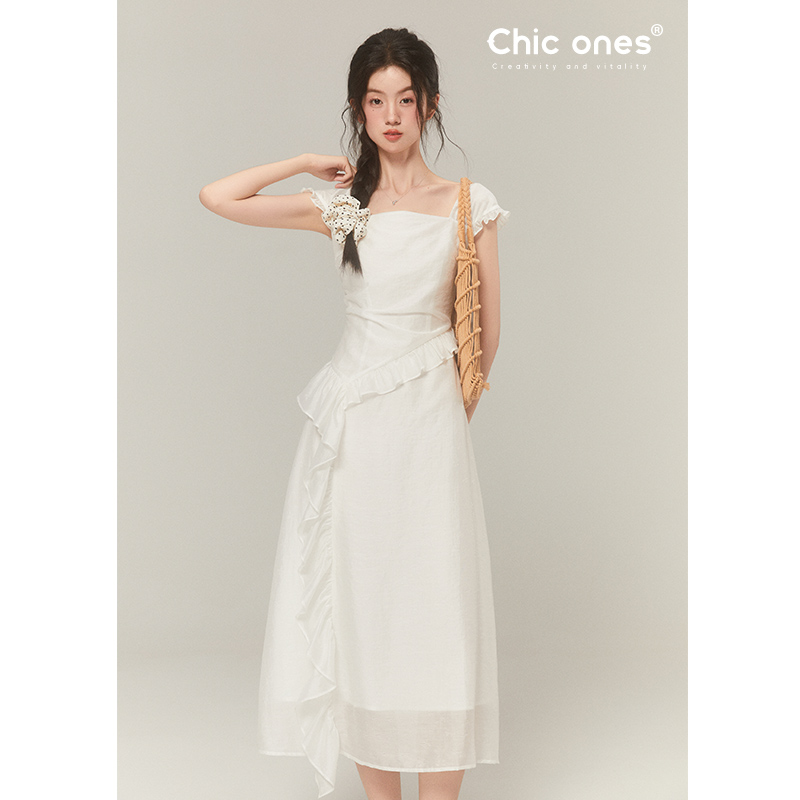 Chic ones天丝暗纹提花长裙 夏法式气质不对称木耳边白色连衣裙