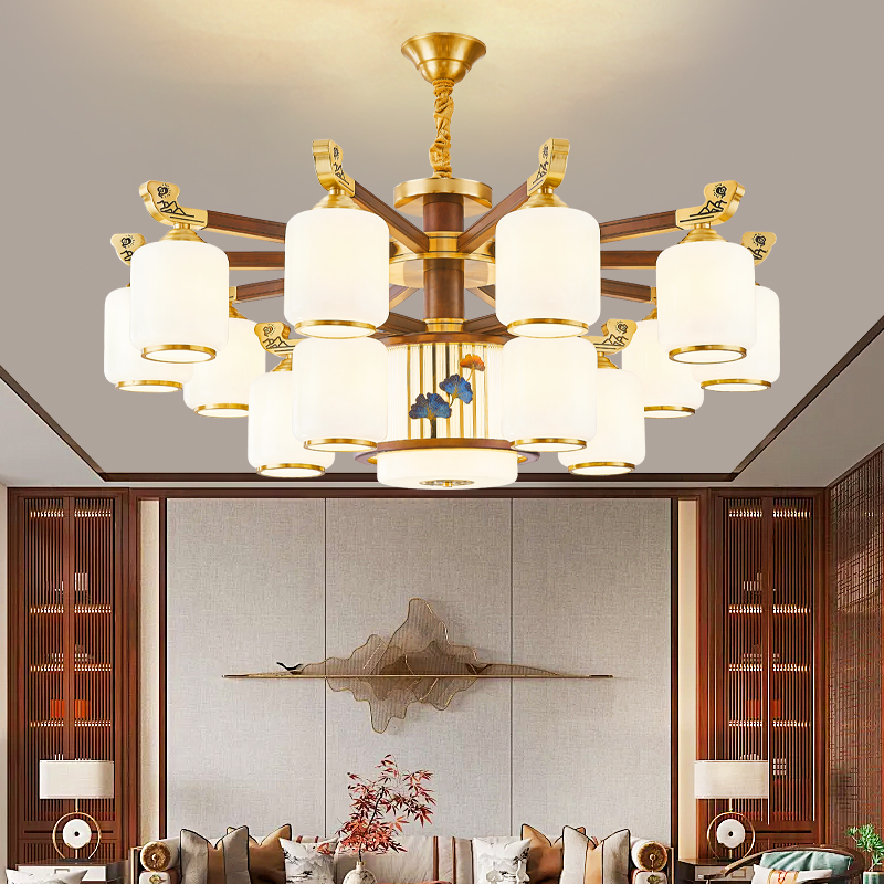 新款全铜实木新中式客厅餐厅复式楼别墅全屋高端大气灯具吊灯