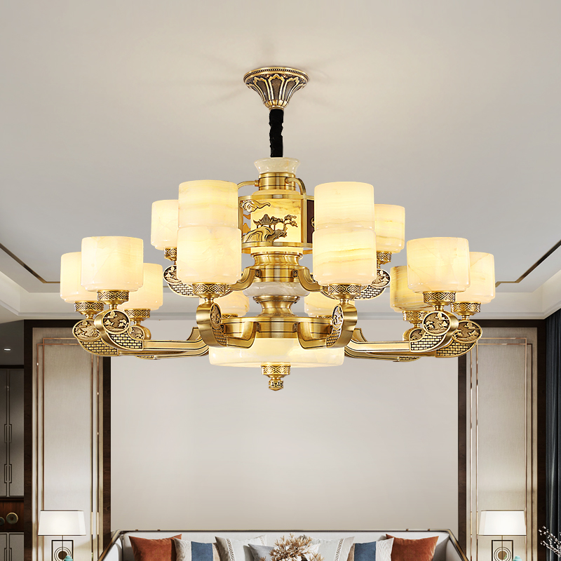 天然玉石客厅吊灯新中式全铜复式楼大吊灯餐厅中国风高档灯具1018