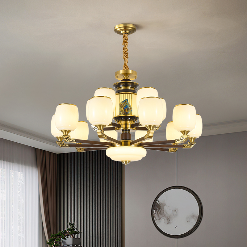 新品中式吊灯客厅灯铜加胡桃实木复式楼大吊灯餐吊灯吸顶灯