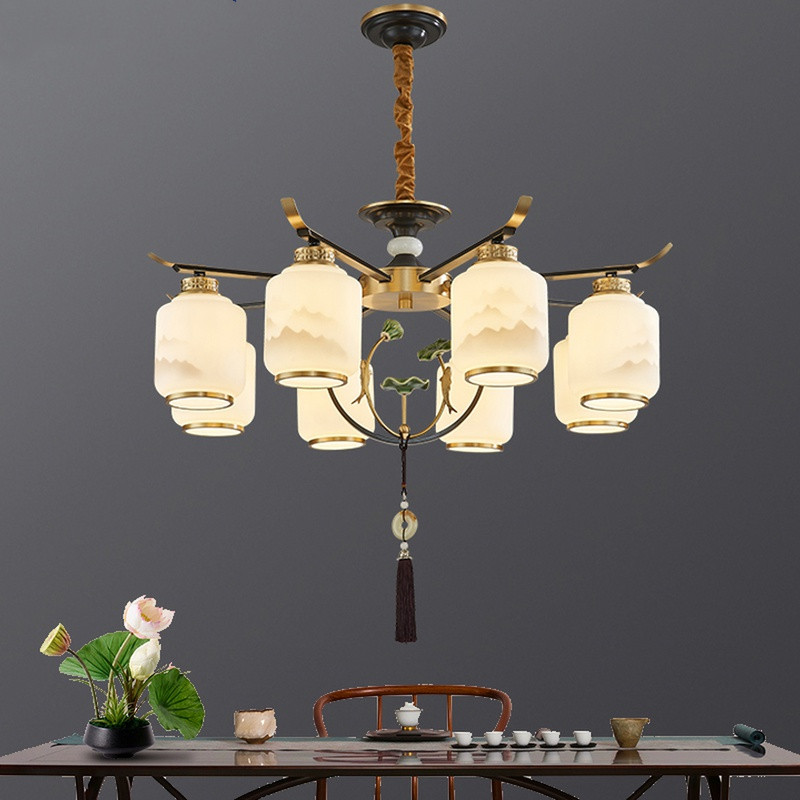 新中式吊灯客厅灯荷花山水灯罩中国风禅意餐厅卧室别墅装饰灯具