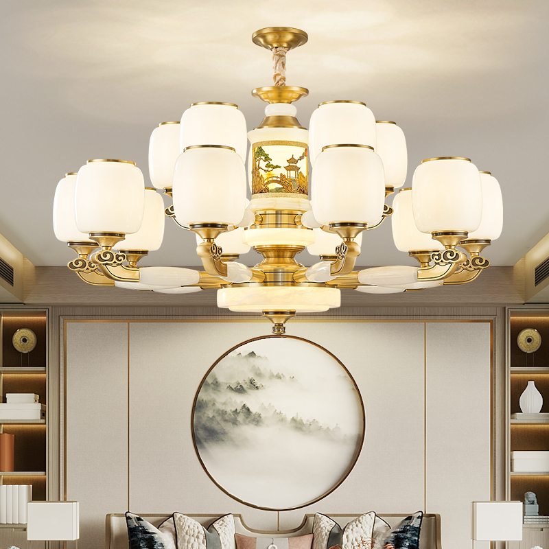 新中式高端天然玉石全铜客厅吊灯新中式复式楼大吊灯餐厅灯