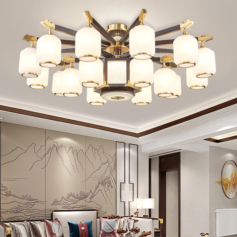 新中式客厅吊灯别墅复式楼全铜实木餐厅灯中国风高端新款大厅灯具