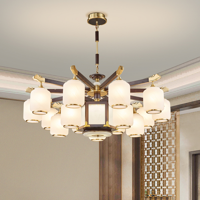 新中式客厅吊灯别墅复式楼全铜实木餐厅灯中国风高端新款大厅灯具
