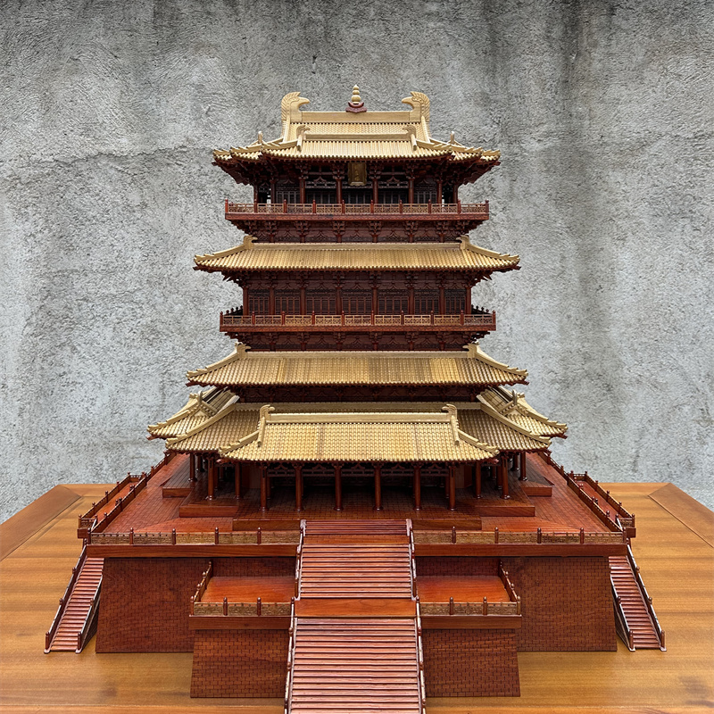 中式禅意木雕古建筑模型鹳雀楼木雕摆件客厅办公室书房装饰摆设