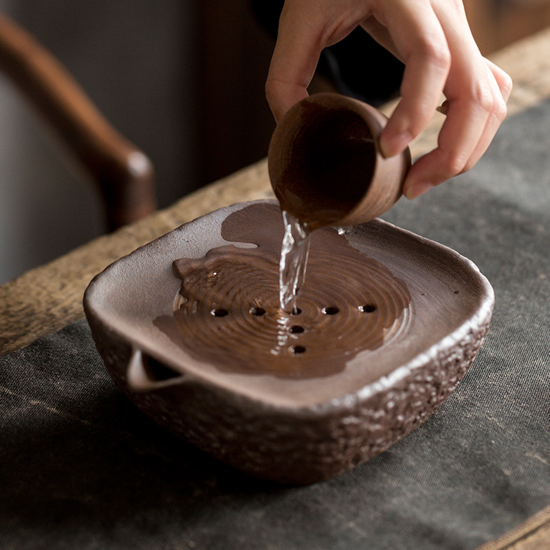 【有福器-石壁四方壶承直径15cm】老岩泥茶器复古粗陶创意茶器