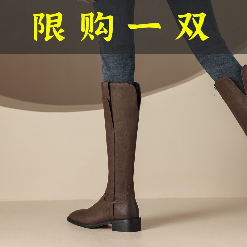 百丽纯爱秋j季复古V口西部骑士靴真皮百搭平底不过膝长筒靴女胖