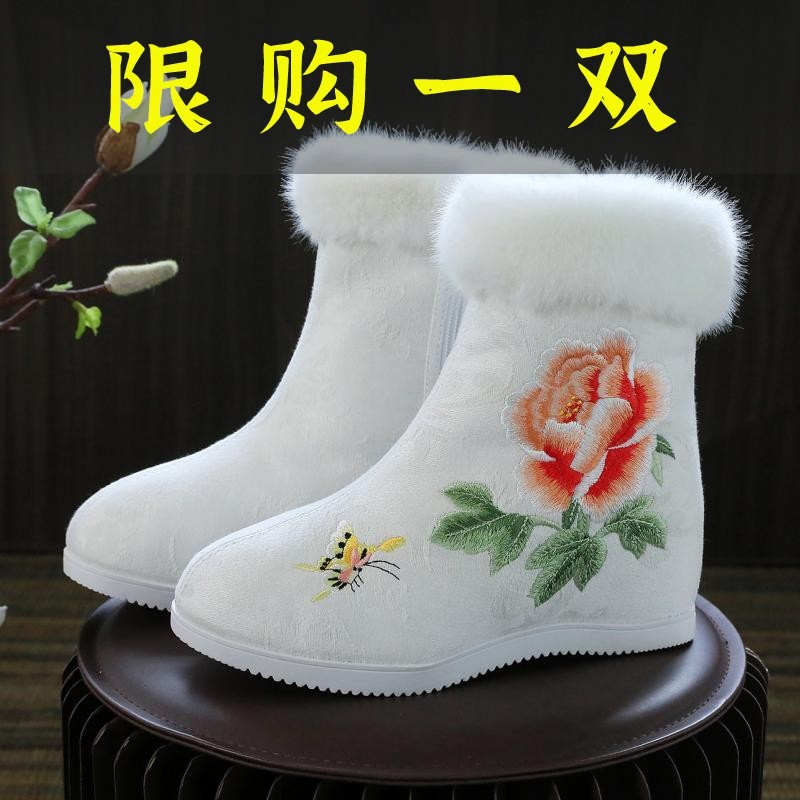 百丽纯爱冬季汉服靴女内增高加绒保暖棉靴冬天绣花鞋古风古装短