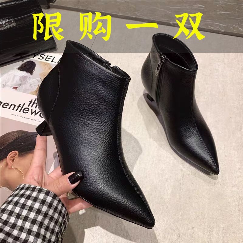百丽纯爱3CM尖头细跟短靴女2023新款棉靴软皮冬季低跟加绒气质