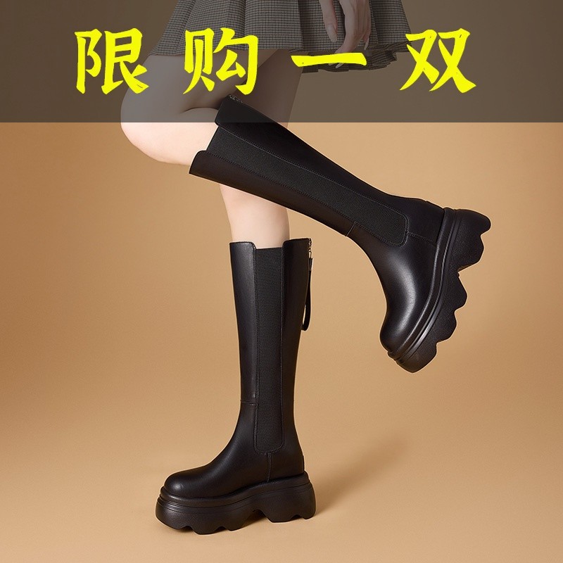 百丽纯爱增高9cm不过膝长靴女加绒2023秋冬品牌女鞋新款百搭厚