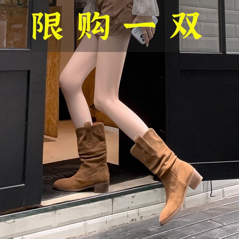 百丽纯爱翻毛棕色尖头粗跟V口西部牛仔靴美式复古褶皱靴子堆堆