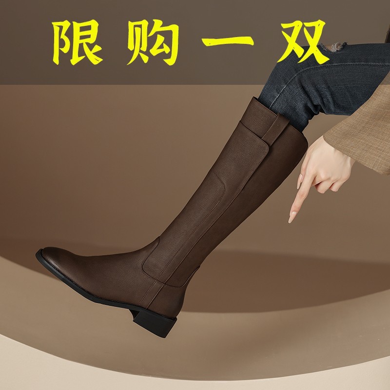 百丽纯爱真皮长靴秋冬长筒靴粗腿mm靴子女靴大筒围2023新款百搭