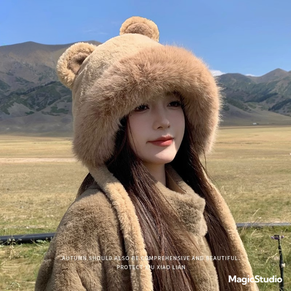 【包邮福利】帽子女冬季可爱小熊毛绒护耳帽2023新款加绒加厚保暖