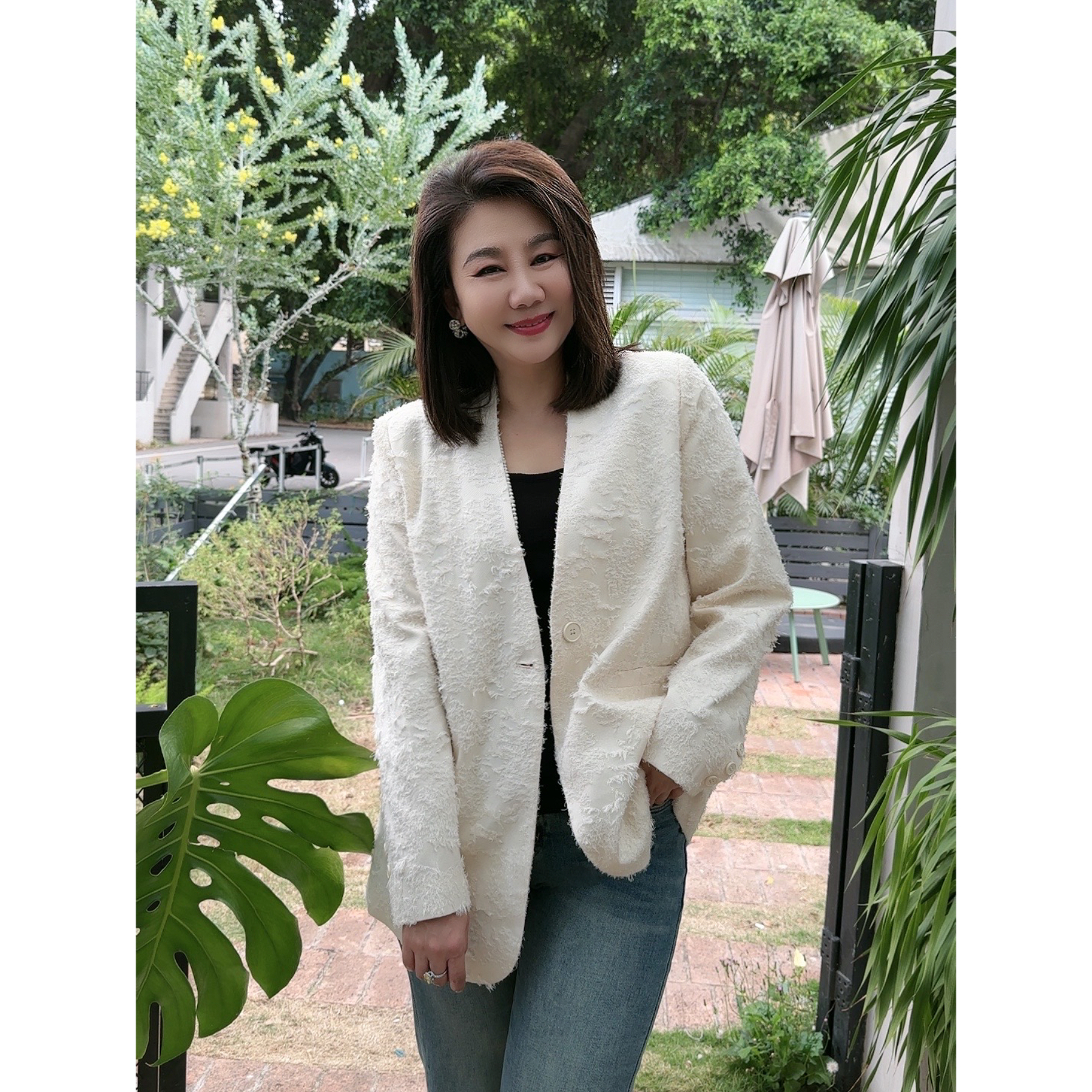 微胖女装【克拉】肌理感提花无领西装外套高贵上档次气质20250