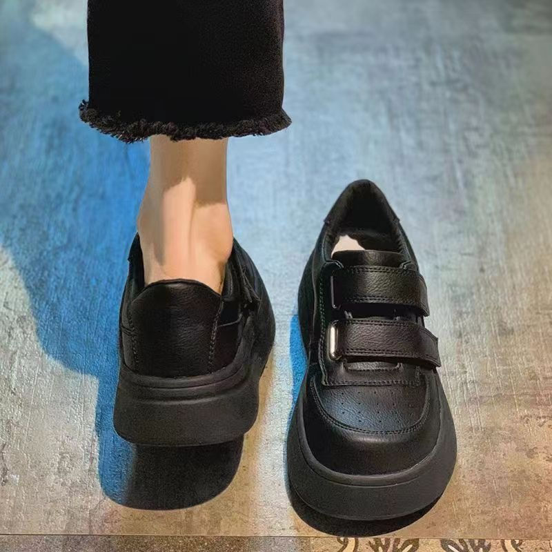 厚底板鞋女2024秋季新款百搭魔术贴小白鞋黑色丑萌休闲乐福小皮鞋