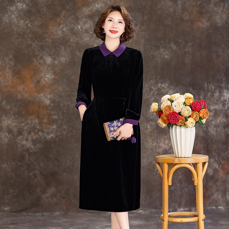 高品质金丝绒连衣裙女2024秋冬新款长袖洋气减龄桑蚕丝真丝A字裙