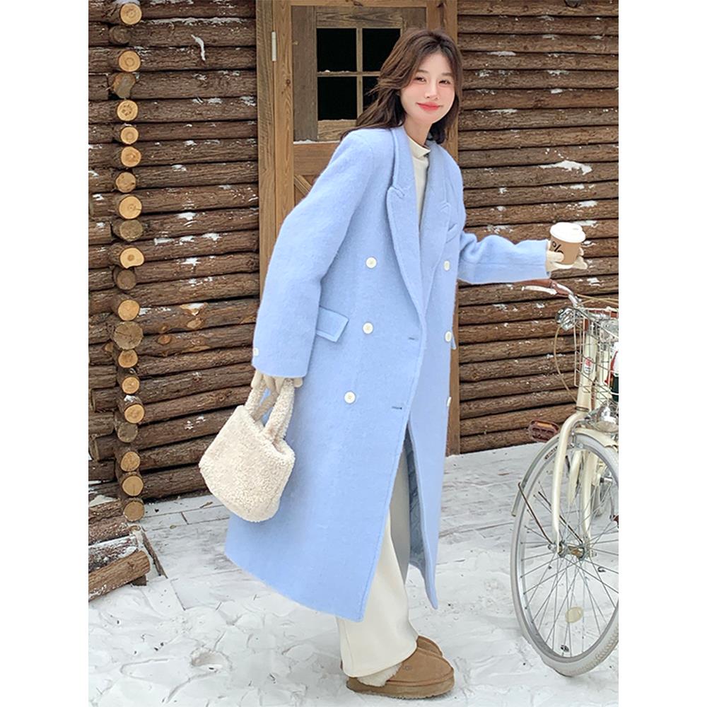 呢子气质蓝色韩系感西装宽松大衣女2024冬季新款时尚双排扣过膝呢