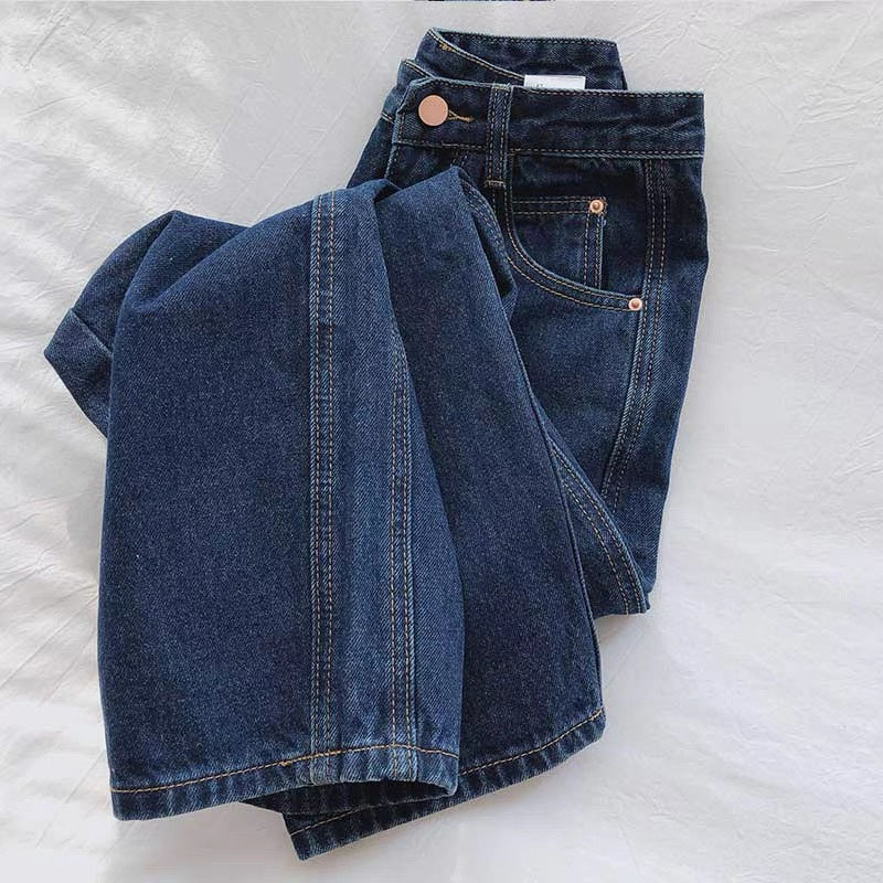 2023年新款秋冬高腰直筒烟管裤小个子裤子复古深蓝色阔腿牛仔裤女