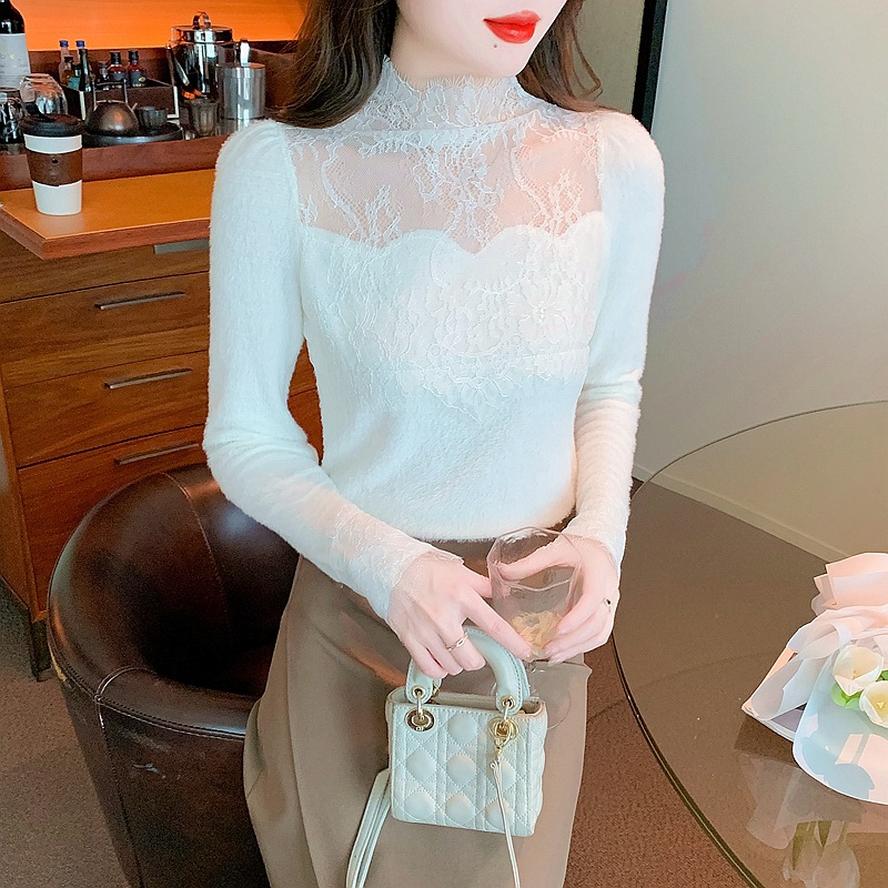 加厚水貂毛蕾丝打底衫女2023新款秋冬季洋气蕾丝上衣针织小衫加绒